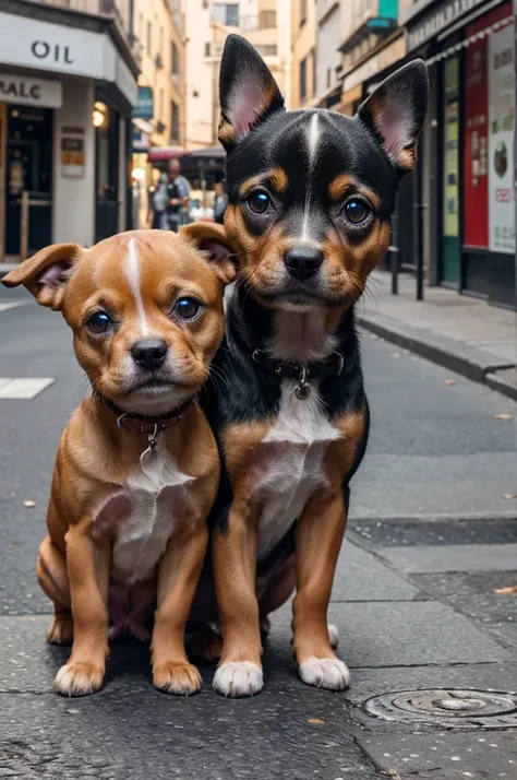 Imagen a 3 cute small Dogs in street clogup eyes and face 4k regulations and cinematic 