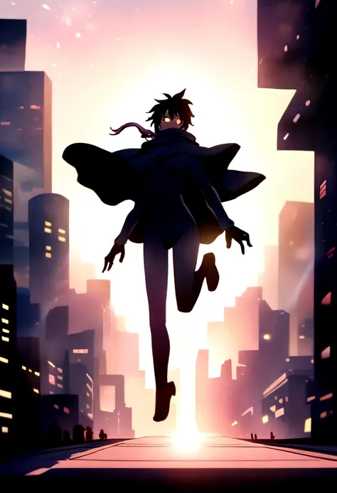 Anime Style, Jumping Man, Metropolis, Cloak Art, Beautiful lighting, Semi-realist，Mysterious Charm，lure，Dim