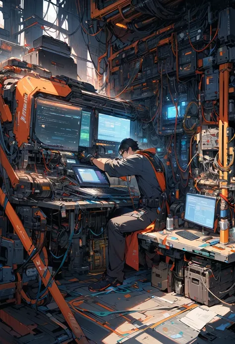 Ridiculous resolution, high resolution, (masterpiece: 1.4), Ultra Detail, man with messy black hair and glasses dressed as network engineer, A very high-tech robotic arm workbench