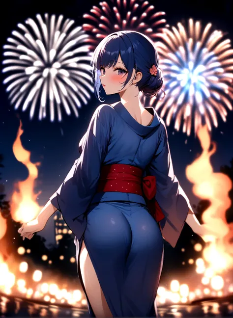 masterpiece, Highest quality, Madoka Ayukawa,Navy Blue Hair, One girl,Beautiful Eyes,yukata,sexy,Her butt is exposed,Fireworks display