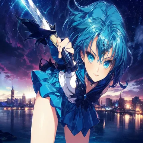 Blue haired anime girl holding a sword in front of a city, Anime Style 4k, Turquoise hair anime girl, Nightcore, Wallpaper Anime Blue Water, anime wallpaper 4k, anime wallpaper 4k, 4k anime wallpaper, HD Anime Wallpaper, Amazing anime 8k, anime art wallpap...