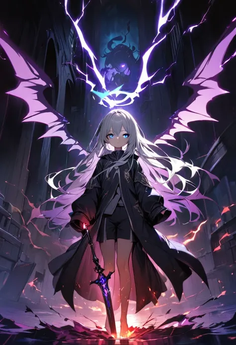 elementary, shadow surrounding girl, lightning, green aura, red aura, purple aura, flames surrounding the girl, masterpiece, dar...