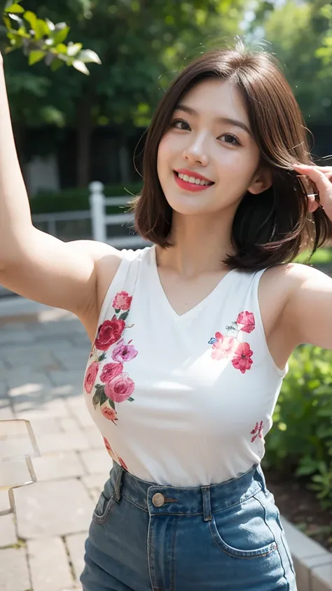 Highest quality，８ｋ，Brown Hair，Shoulder-length bob，clear系美女，ｃcup，smile，Shiny skin，Clothes that are popular with men，Shown in full-body photo，Looking up，Strong sunlight, bright, She is smiling gently with the corners of her mouth turned up,Realistic skin tex...