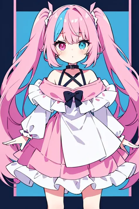 masterpiece, Highest quality, One girl, alone, Asymmetrical Hair, Two-tone hair, Split your hair color in half, Pink left hair, Light blue right hair, Shoulder-length hair, Twin tails, Two-color eyes, Heterochromia iridis, ((Right eye is pink)), ((Light bl...