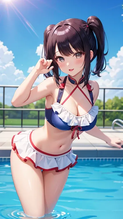 Highest quality, One girl, Masterpiece Super Detail, figure, Yang Guifei, Glossy Lips, blush, Lips parted, short hair, Twin tails, Are standing, (frilled bikini and miniskirt), Pool