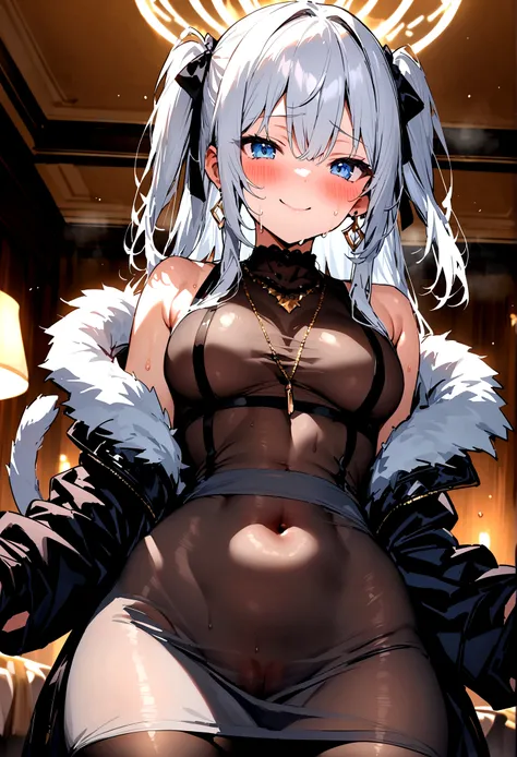 NSFW,masterpiece,Highest quality,High resolution,Super detailed,Shishirabotan(Hololive),Long Hair、Two Side Up、Earrings、Lion&#39;s Tail,necklace、Black Shirt、Sleeveless shirt、abdomen、See-through、Grey Skirt、片足pantyhose、pantyhose、fur-trimmed jacket、Black jacke...