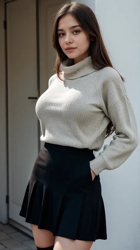 Short woman, 150 cm short, 19 years old, turtleneck sweater and skirt, extremely busty, big breasts in sweater, short but stacked