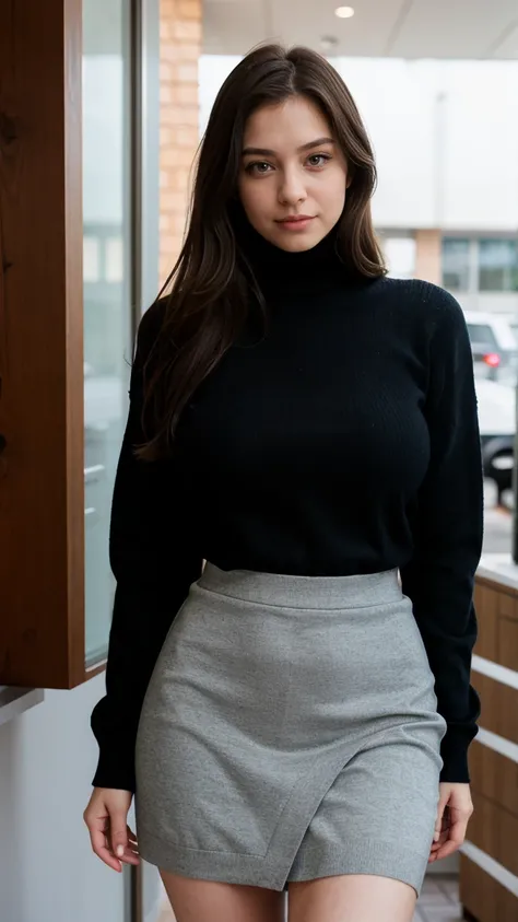 Short woman, 150 cm short, 19 years old, turtleneck sweater and skirt, extremely busty, big breasts in sweater, short but stacked