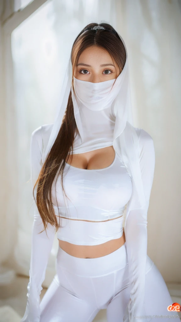 （lifelike， high - resolution：1.3），full body , 1 girl with a perfect body， Super fine face and eyes，slong hair， midriff of white colors：1.2， silver shiny leggings，face veil,   big boob，Expose cleavage, ninja pose, satin gloves.