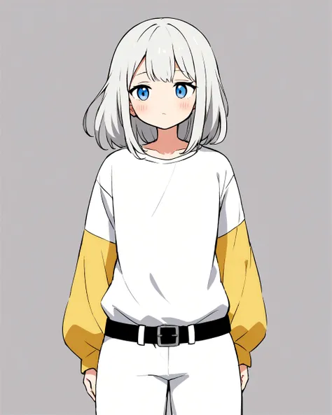 An anime-style illustration of a young girl with long, wavy light gray hair and blue eyes. She is wearing an oversized white t-shirt with yellow sleeves, which is partially tucked into white pants with a black belt. The girl has a slightly melancholic expr...