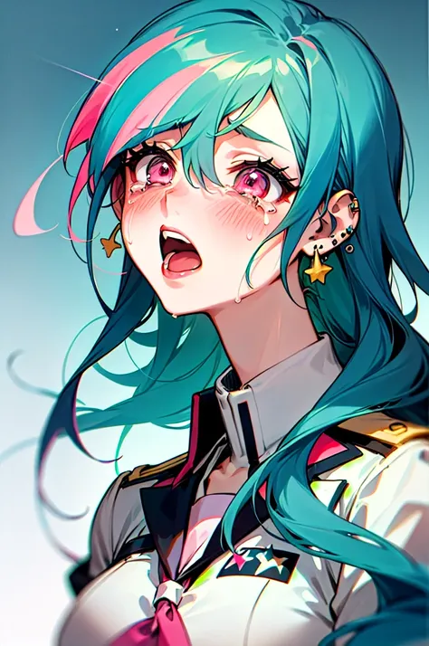 a girl from the danganronpa anime with long turquoise blue hair with green and pink streaks, pink eyes with stars,medium big tits, kibougamine academy uniform, piercings, thick red lips, crying inconsolably and screaming with her face full of her tears bec...