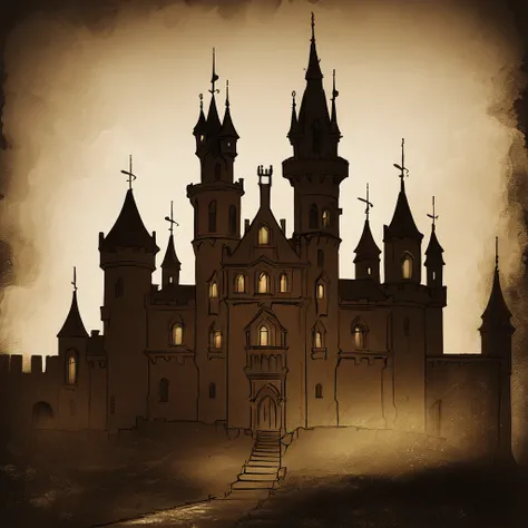 castle and lighting in collodion art style
