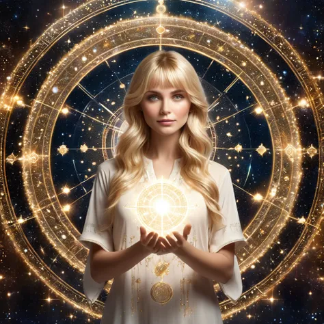 Astrologer, beckoning, blonde hair, bangs, 1girl, long hair, looking at viewer, 3D image of astrological horoscope circle on both palms, best quality, masterpiece, high quality, extremely detailed CG unity 8k wallpaper, delicate background, luminous partic...