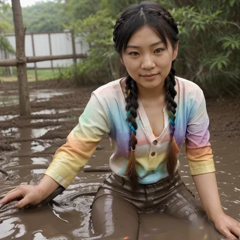 Very cute asian (adult) girl Have long rainbow mud braid