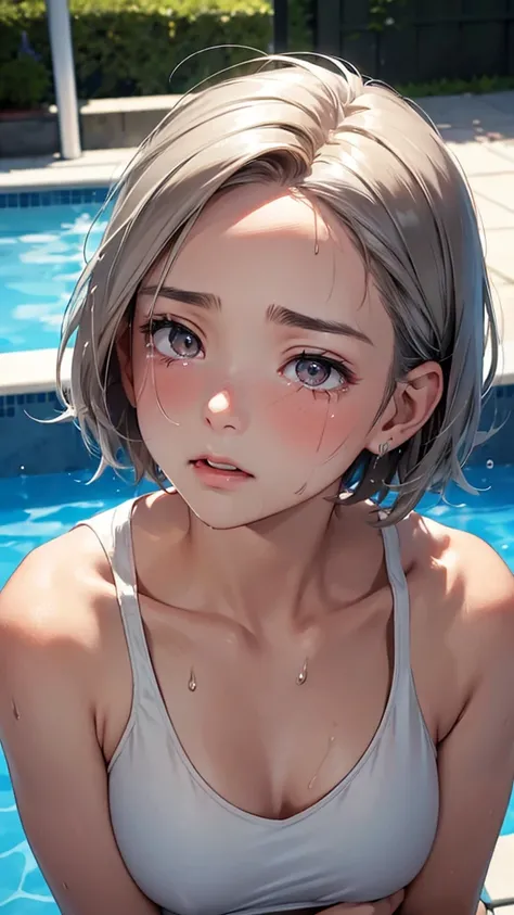 highest quality、realistic、Japanese、adult woman、look up、cute、silver eyes、very short hair、boyish、chestnut hair、all back、The forehead is out、pool、poolサイド座る、swimsuit、 Face full of scars、Skin shiny with sweat、 injured scared girl、 crying wet bursting out eyes, ...