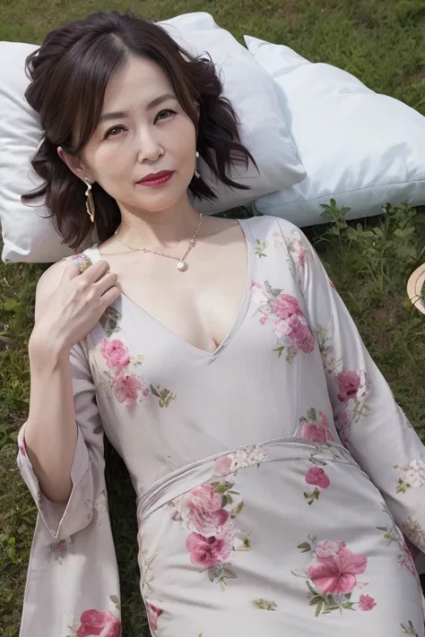 Beautiful mature Japanese woman aged 55, Long eyelashes, Bob Hair, Red lipstick, Pearl Necklace, Earrings, Dark eyeshadow, Small breasts, Flat chest, Flat Chest, A floral dress that reveals her breasts, Lying on the meadow, Sleep on your back, 