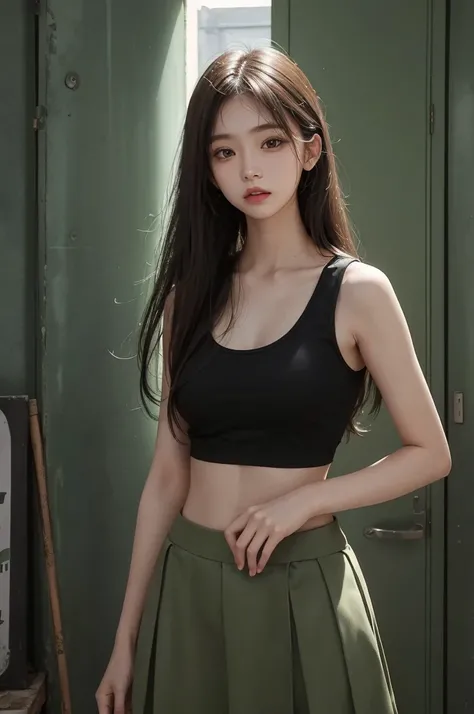 20 year old girl, green tank top, green skirt, long hair, high contrast (Natural skin texture, Hyperrealism, Soft Light, sharp), portrait, standing, kpop