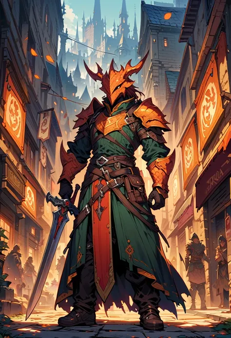 DnD character art, fantasy warrior with dragon head helmet and orange scales holding sword in hand standing on city street, green , black leather gloves, high details, in the style of fantasy., knight dragon, big sword, holdingsword