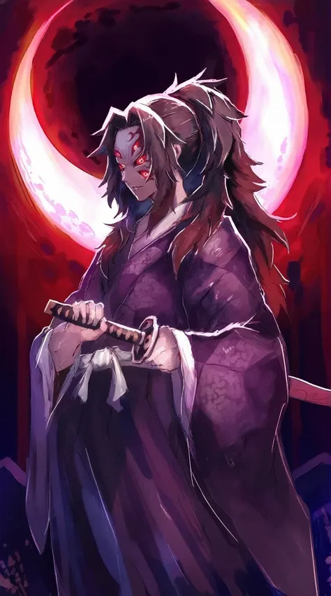 close-up of a person holding a sword in front of a red moon, demon slayer art style, handsome men from demon slayer, demon samur...