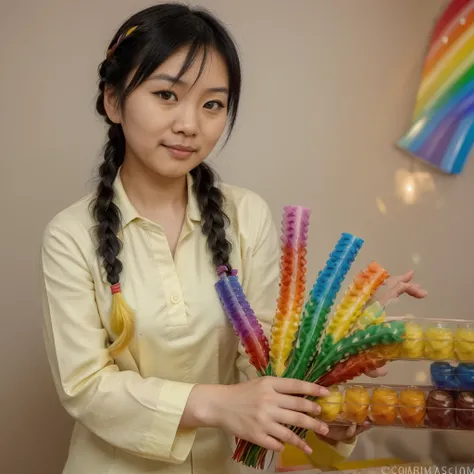 Very cute asian (adult) girl Have long rainbow custard  braid