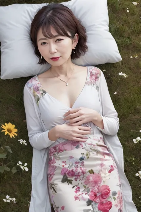 Beautiful mature Japanese woman aged 55, Long eyelashes, Bob Hair, Red lipstick, Pearl Necklace, Earrings, Dark eyeshadow, Small breasts, Flat Chest, Flat Chest, A floral dress that reveals the bust, Lying in the meadow, Sleep on your back, Spread your han...