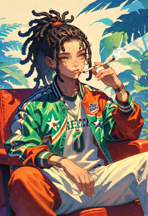 style 9, 1 chico, of black dreadlocks tied in a ponytail, tez morena,wearing a green American football jacket, Hazel eyes, sitting smoking   