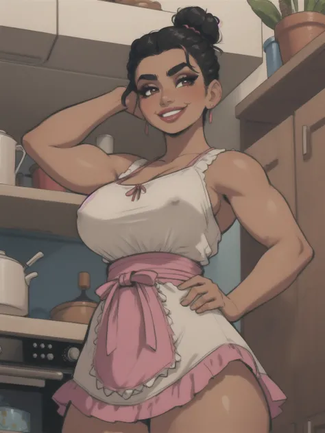 woman, solo, 1woman, retro, wearing dress and apron, (tanned skin:1.1), latina, standing in kitchen, modern kitchen, (huge breasts:1.1), (nipple outline:0.7), muscular, black hair, updo, hair bun, makeup, looking down at viewer, hands on hips, (from below:...