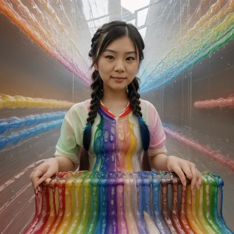 Very cute asian (adult) girl Have long rainbow slimed  braid