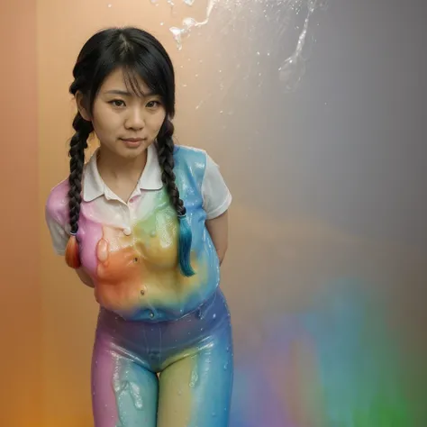 Very cute asian (adult) girl Have long rainbow slimed  braid