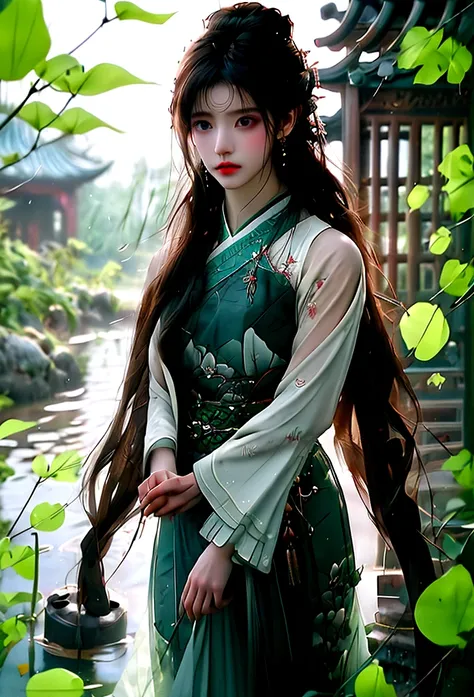 Dark green Hanfu, a woman, cool, fair skin, sea of flowers, pond, petals floating on the water, lily, clavicle, eyes closed, half submerged in water, dark background, moonlight, hairpin, jade pendant, Hanfu, delicate faces, hair accessories, red lips, skir...