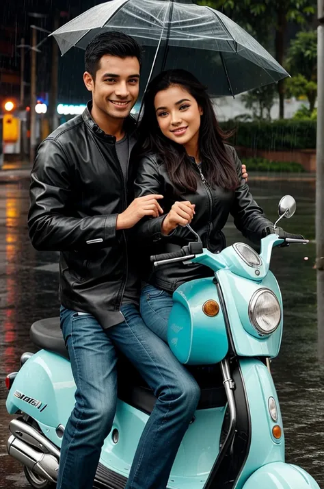 Cute couple on scooty in rain