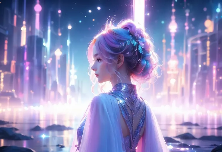 (((zoom out))),8K,((Highest quality)),((high-res)),((shot from behind)),night,She stands front of an open world,((dreaming)),pastel ,soft focus,thank you!