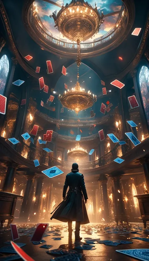 Heaven，Floating Cards，floating  card tricks,  dark fantasy, cinematic lighting, dramatic perspective, intricate details, moody atmosphere, rich colors, masterpiece, photorealistic, highly detailed, 8K, HDR