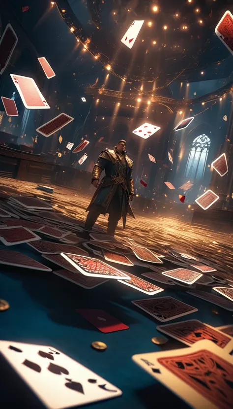 Heaven，Floating Cards，floating  card tricks,  dark fantasy, cinematic lighting, dramatic perspective, intricate details, moody atmosphere, rich colors, masterpiece, photorealistic, highly detailed, 8K, HDR