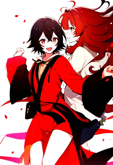 Iwatani Naofumi e raphtalia , Red and black clothes, and black hair, Red eyes 