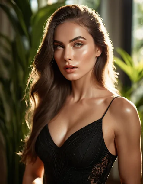 professional photograph of a 26 year old model, by Peter Hegre, photography studio,__perspective__, beautiful evil slavic muscular woman, pale skin, long hair,dressed in elegant long black dress, dynamic model pose, bold lines, hyper detailed,warm natural ...