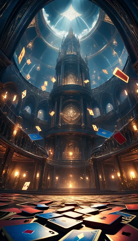 Heaven，Floating Cards，floating  card tricks,  dark fantasy, cinematic lighting, dramatic perspective, intricate details, moody atmosphere, rich colors, masterpiece, photorealistic, highly detailed, 8K, HDR，No humans