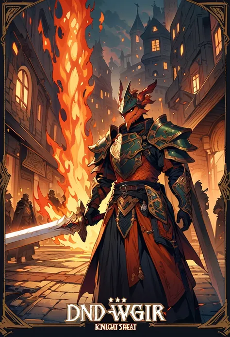 DnD character art, fantasy warrior with dragon head helmet and orange scales holding sword in hand standing on city street, green , black leather gloves, high details, in the style of fantasy., knight dragon, big sword, holdingsword, fire element