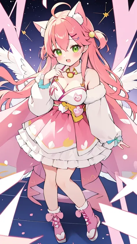 one huge breasted girl, alone, ahoge, woven, pink eyes, heart (symbol), pink nails, boots, full body lesbian, bow, animal cat ears, ruby, long pink hair, drilled tails, show viewer, manicure, fur trim, open mouth, colorful hair, pink headdress, skirt, fluf...