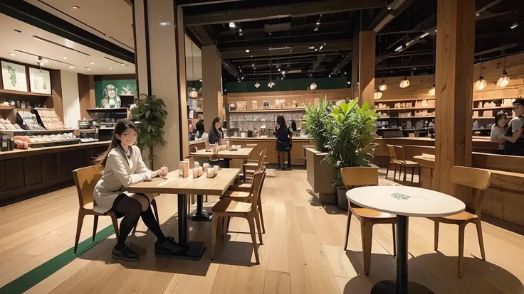 
((((((夜の暗いInside the Starbucks store))))))
(((((((The night view can be seen from the window)))))))
(((((Warm indirect lighting or candlelight)))))
((((((Inside a store with many people))))))

8K、RAW Photos、Highest quality、Super detailed、Super Resolution、...