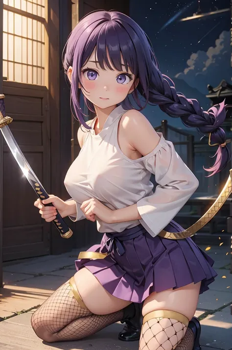 (highest quality)), ((masterpiece)), (Familiar), Perfect Face,Shiny skin,Beautiful breasts,how,Shiny skin、Kyoto Animation style painting、Golden Hair、Golden Eyes、Sunburned skin、night、Holding a Japanese sword、ruins、Combat Stance、Fishnet tights、Braided Hair、s...