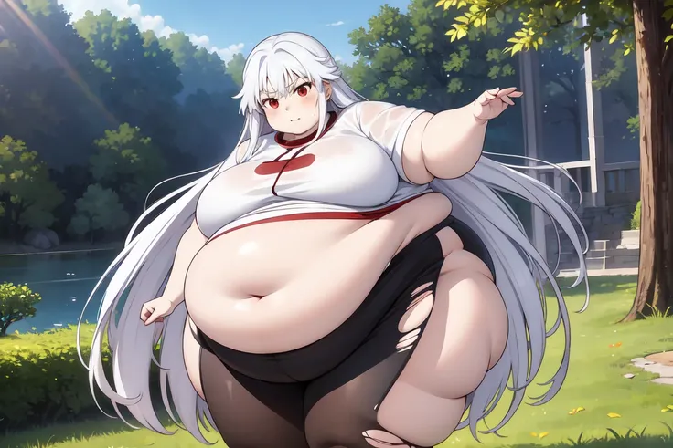 very long hair, red eyes, accelerator (toaru majutsu no index), white hair, shirt, girl:1.3, massive breasts, wide hips, outdoors, lake, upper body, torn clothes, massive hips, fat