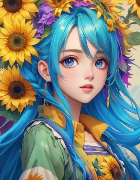 Close-up of a person with blue hair and sunflowers, Beautiful sunflower anime girl, Anime Style 4k, Detailed digital anime art, Highly detailed art gems, 8k high quality detailed art, ! Dream Art Germ, anime art wallpaper 4k, anime art wallpaper 4k, Art St...