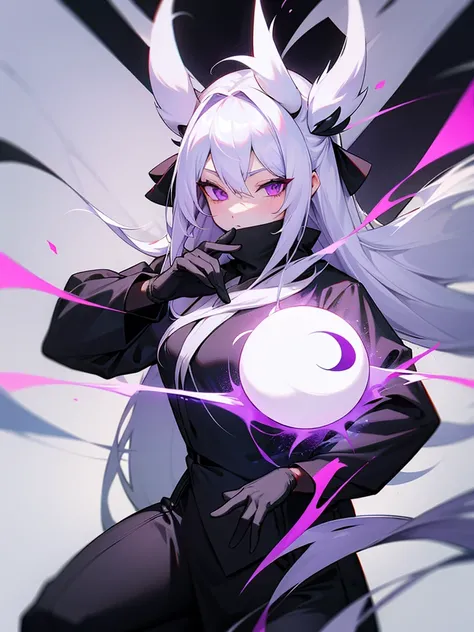 Yin Yang Black ninja outfit Long silver hair White horns Purple eyes