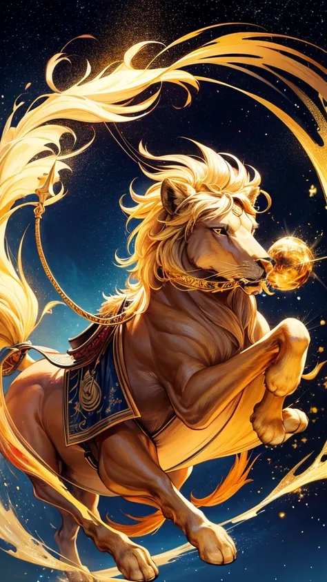 A golden lion bringing good fortune gallops through the starry sky.