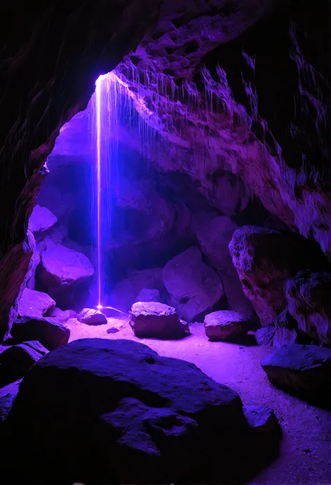 Inside a cave deep in the mountain, there are a few streaks of purple light