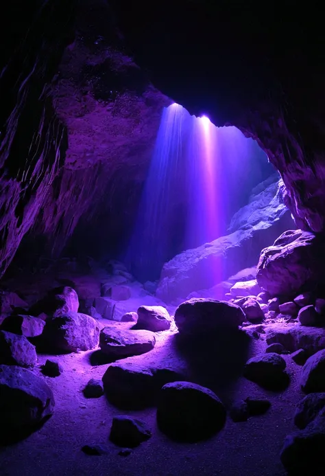 Inside a cave deep in the mountain, there are a few streaks of purple light