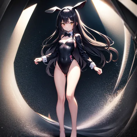 ((Bunny girl)),Cute little ,Tiny ,Small girl,,Childish face, Very fine clean face,Top quality,Straight Hair,Black hair,(Dark Room), Subtle light, Natural light,Soft lighting,Light from directly behind,(Open your hands), (Are standing),Front view,Black back...