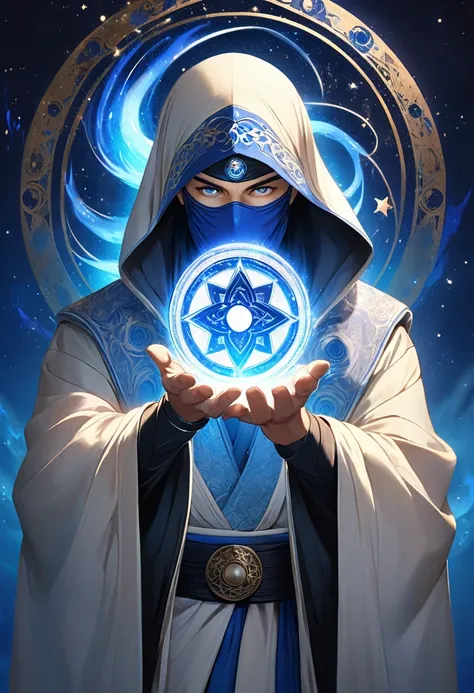 Mysterious ninja standing sideways holding a blue glowing star in his hand ( Correct and perfect anatomy ) Flowing robe, A man wearing a beige hooded robe with swirling starry magic energy(flying robe))Man mysterious ninja sideways, face partially obscured...