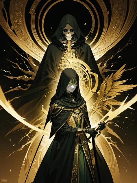 a skeletal character in a black cloak with golden details, holding a scythe made of green fire, piercing green eye, intricate details, dark fantasy, cinematic lighting, chiaroscuro, moody atmosphere, dramatic, highly detailed, masterpiece, 8k, photorealist...